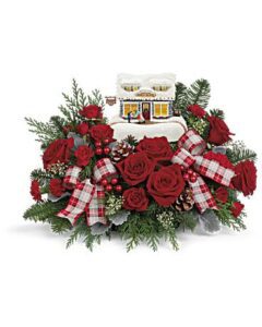 A Jolly Candy Cane bouquet with flowers and ribbon