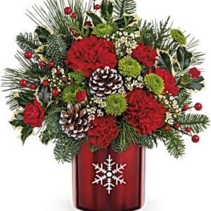 Stunning snowflake bouquet with red and green flowers