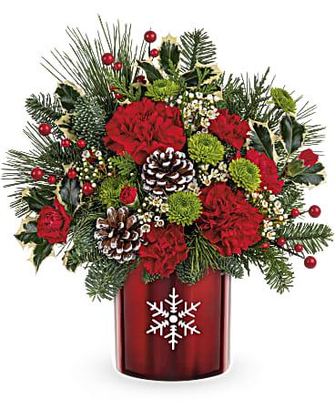 Stunning snowflake bouquet with red and green flowers