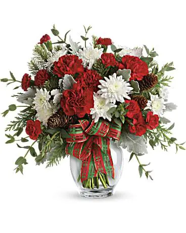 A holiday shine bouquet with red and white flowers