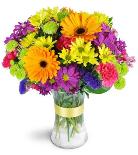 Rainbow colored flowers with leaves in a glass jar